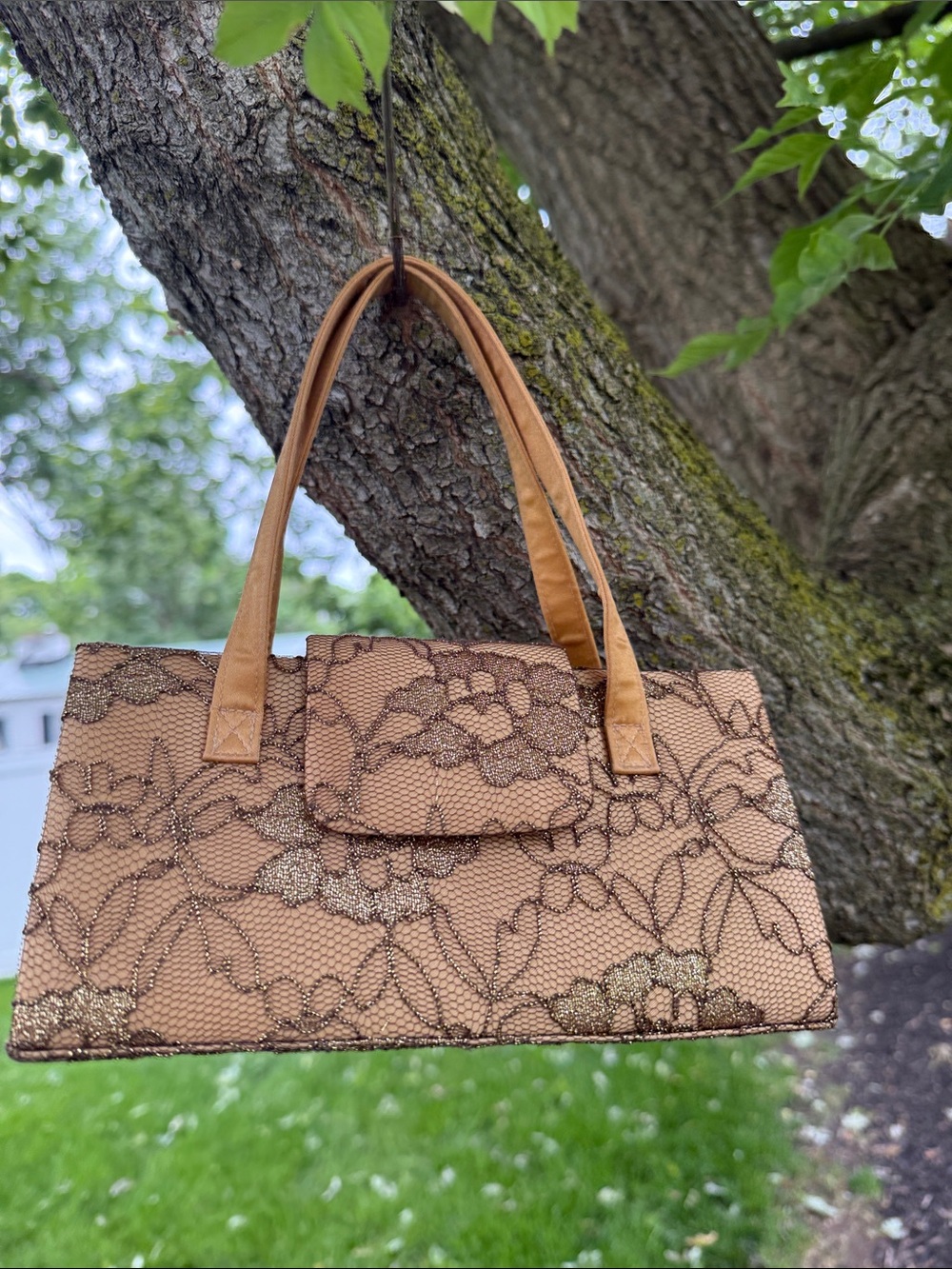 Tan Floral Lace-Overlay Shoulder Bag